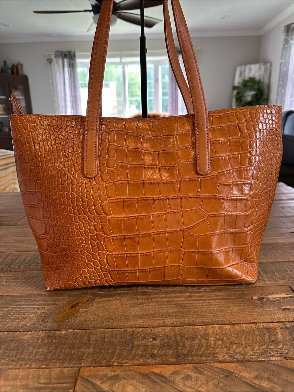 Valentina Tradizione Cognac Croc Embossed Genuine Leather Tote Made in Italy - Picture 2 of 8